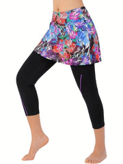 Floral Print Plus Size Sports Skort High Stretch Sports Skirt Leggings