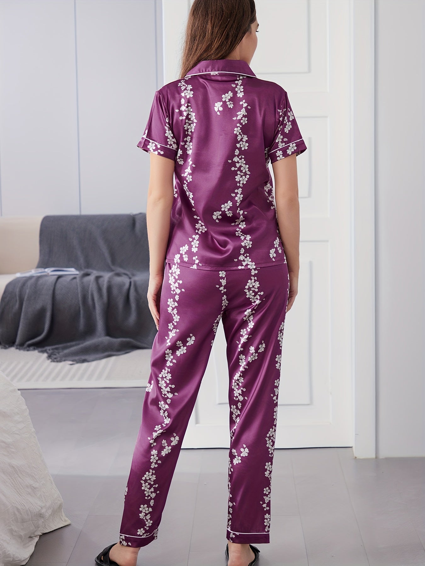 Floral Pajama Set Short Sleeve Top & Elastic Waist Pants Sleepwear