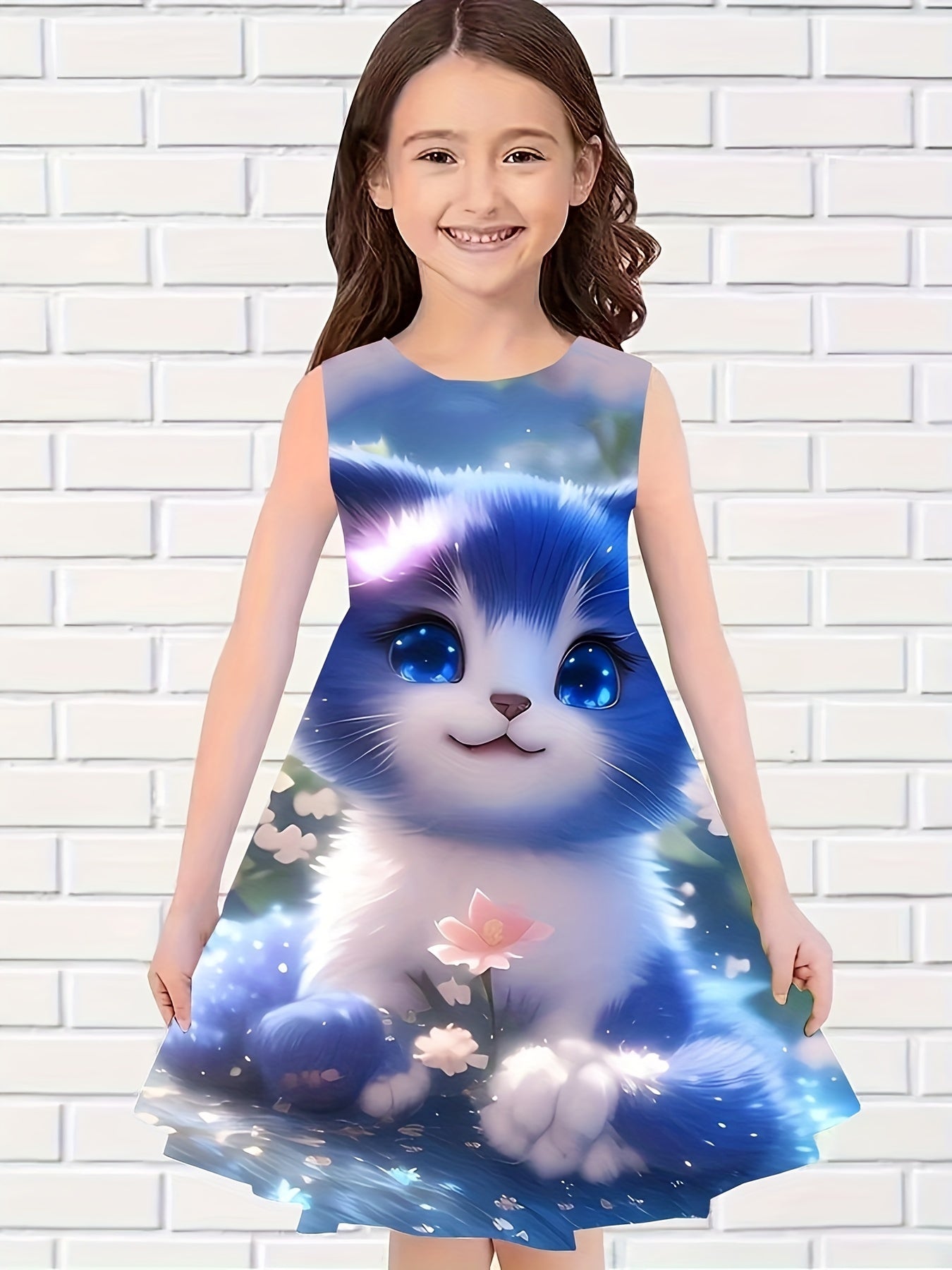 Kitty Graphic Dress Sleeveless Girls Party Gift Summer