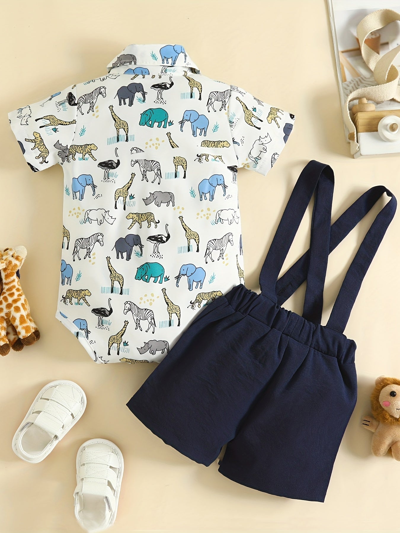 Baby Boys Animal Graphic Onesie & Suspender Shorts Set