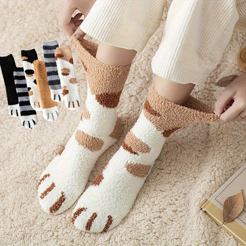 6 Pairs Cat Claw Print Socks Comfy & Fuzzy Warm Hosiery