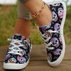 Women's Halloween Skull Canvas Sneakers Low Top Casual Walking Shoes