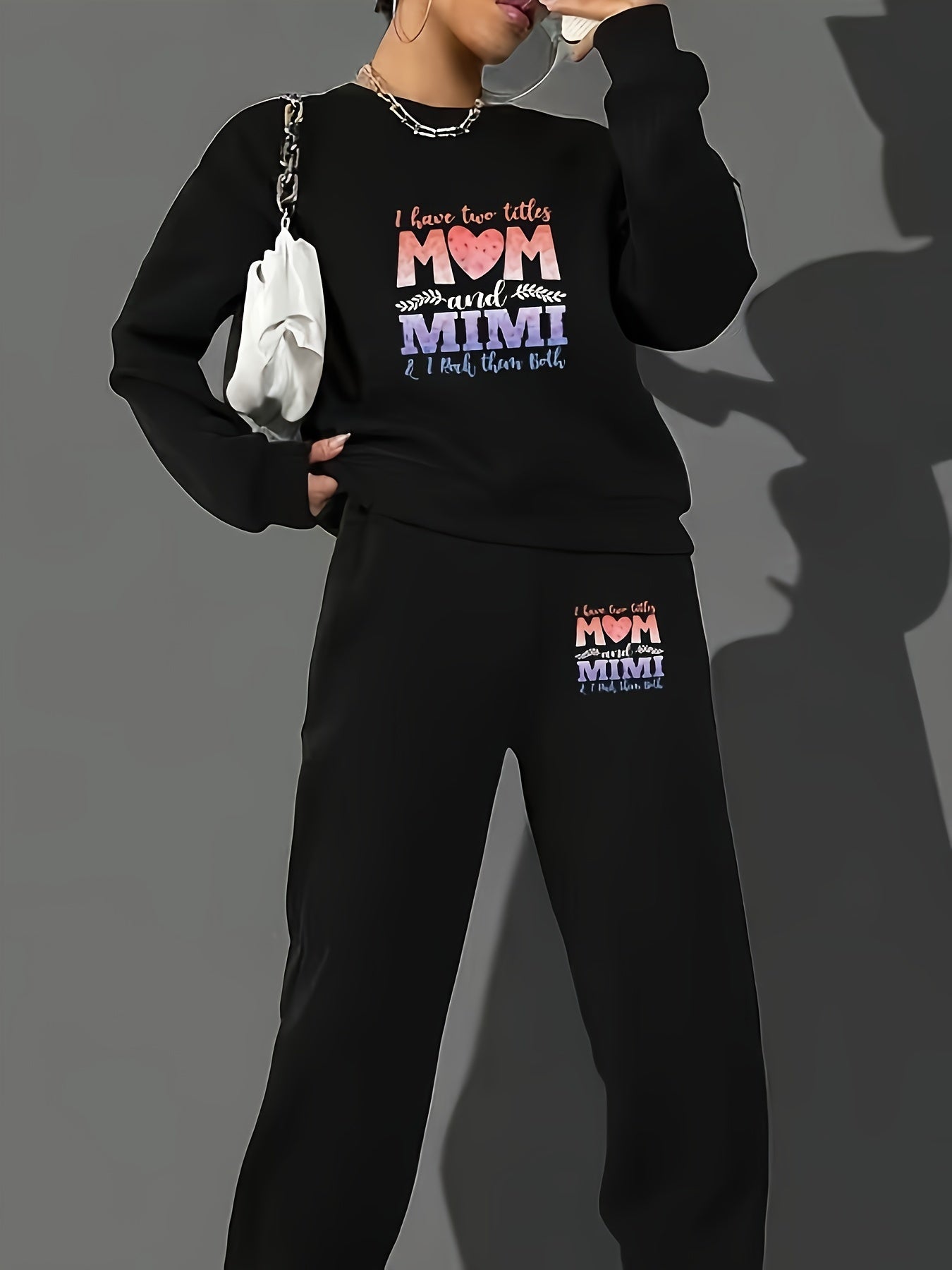  Women's 2 Piece Set Slogan Print Sweatshirt & Joggers Outfits