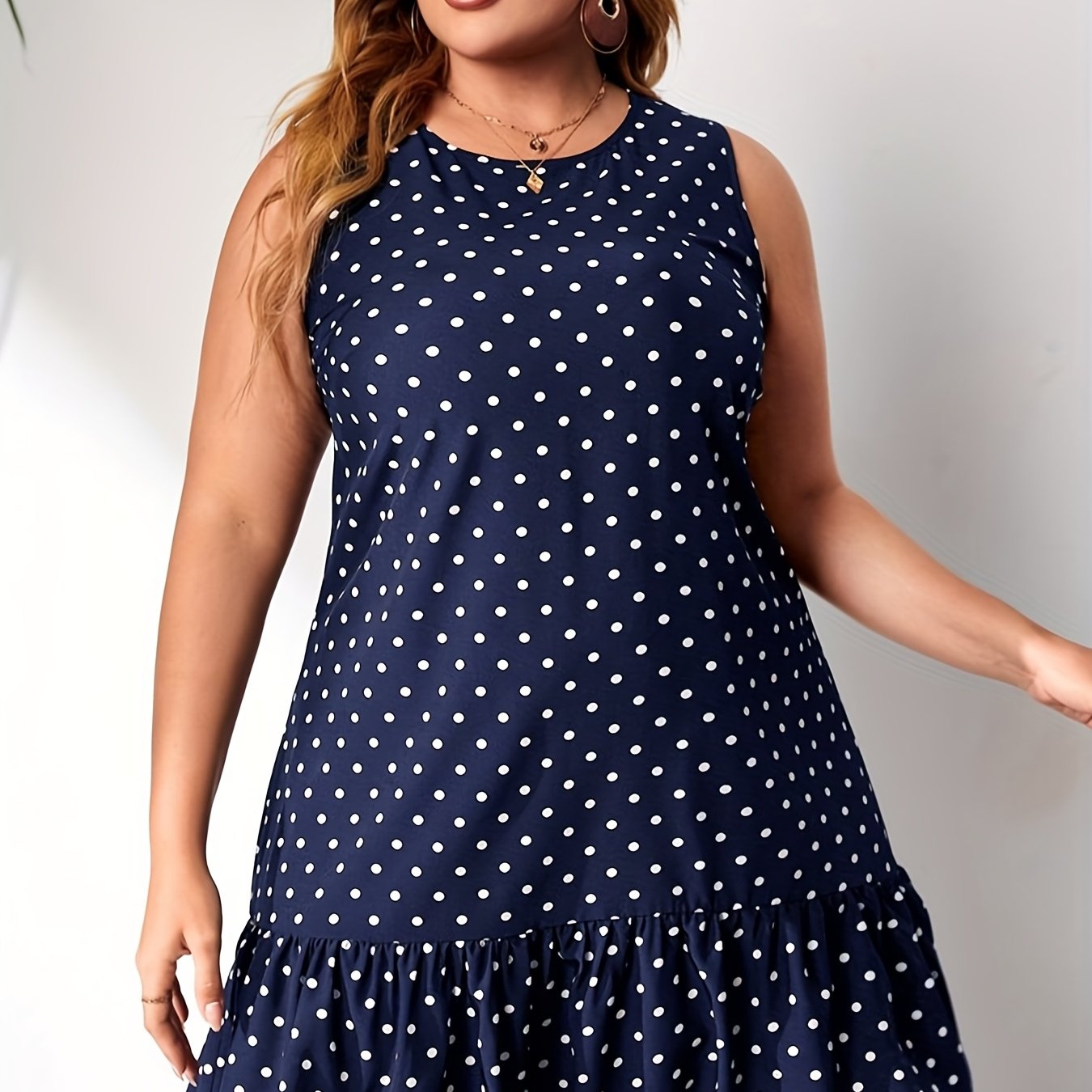  Polka Dot Print Tank Dress Ruffle Trim Stretch