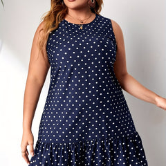  Polka Dot Print Tank Dress Ruffle Trim Stretch