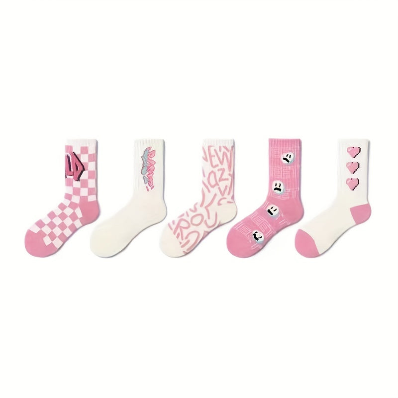 5 Pairs Letter & Heart Print Socks Women's Stockings