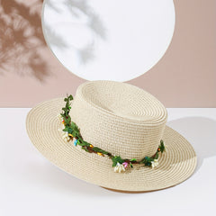 Green Garland Braided Sun Hat Easter Beige Straw Hat Flat Top Fedora Cap
