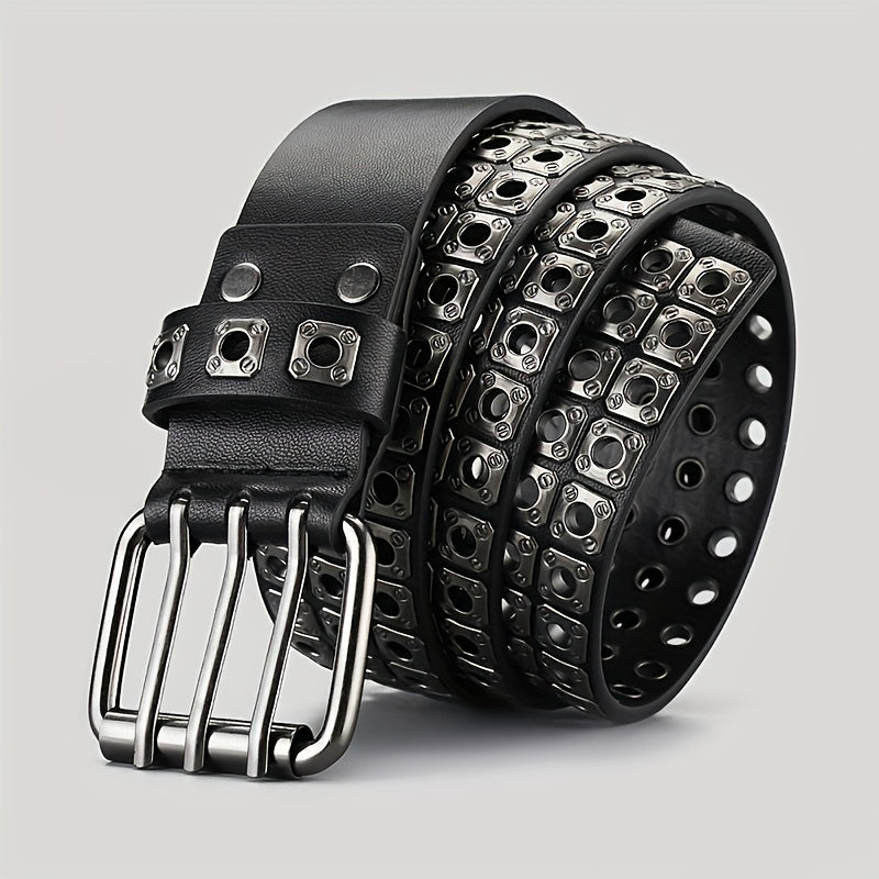 Men's Square Rivet Belt Hip Hop Rock Punk Y2K Style Double Row Pin Buckle Jeans