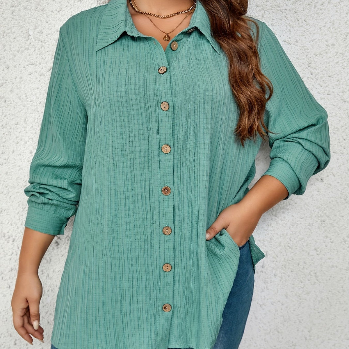  Casual Blouse Solid Crinkle Button Up Long Sleeve Blouse