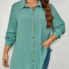  Casual Blouse Solid Crinkle Button Up Long Sleeve Blouse