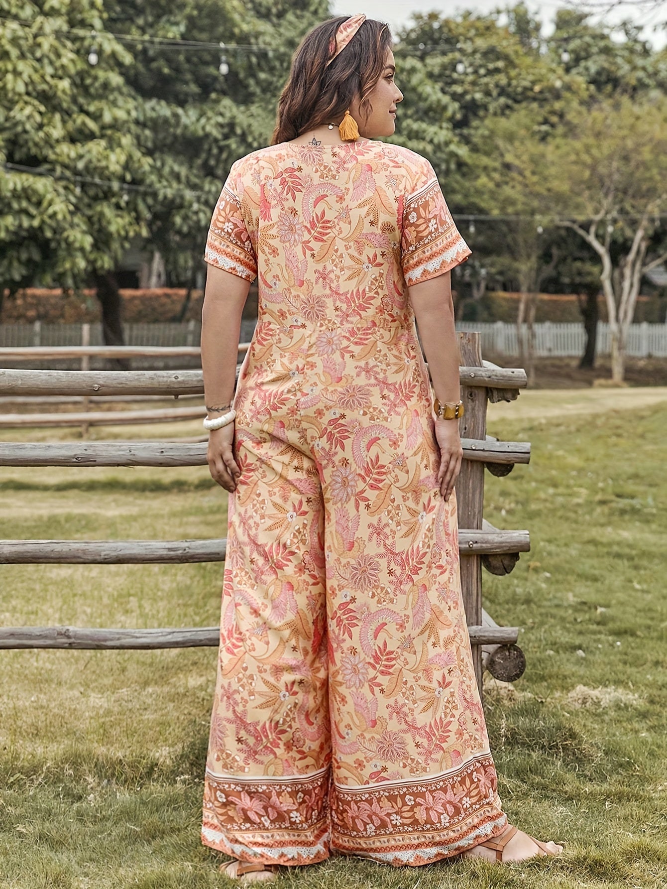  Boho Jumpsuit Floral Print Short Sleeve V-Neck Wide Leg Jumpsuit