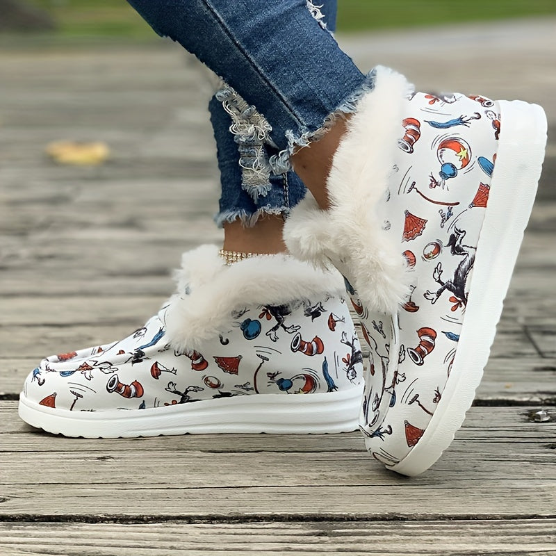 Cartoon Pattern Plush Lined Thermal Furry Snow Boots