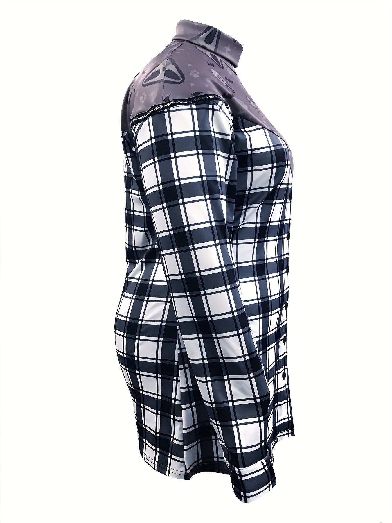  Colorblock Plaid & Skull Print Mock Neck Dress