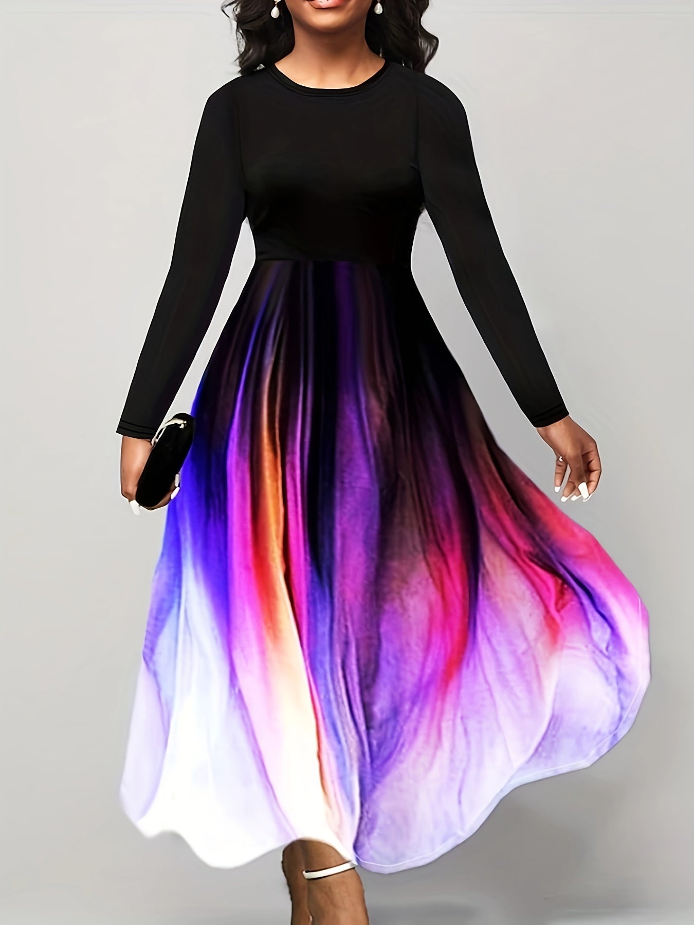  Ombre Print Long Sleeve Maxi Dress