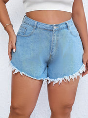  High Rise Fringe Trim Denim Shorts