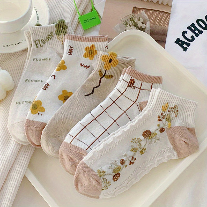 5 Pairs Floral Print Short Socks for Women