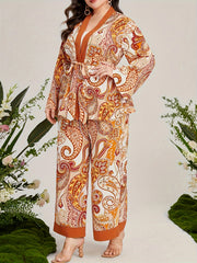 Women's Plus Paisley Print Long Sleeve Cardigan & Wide Leg Pants 2 Piece Set