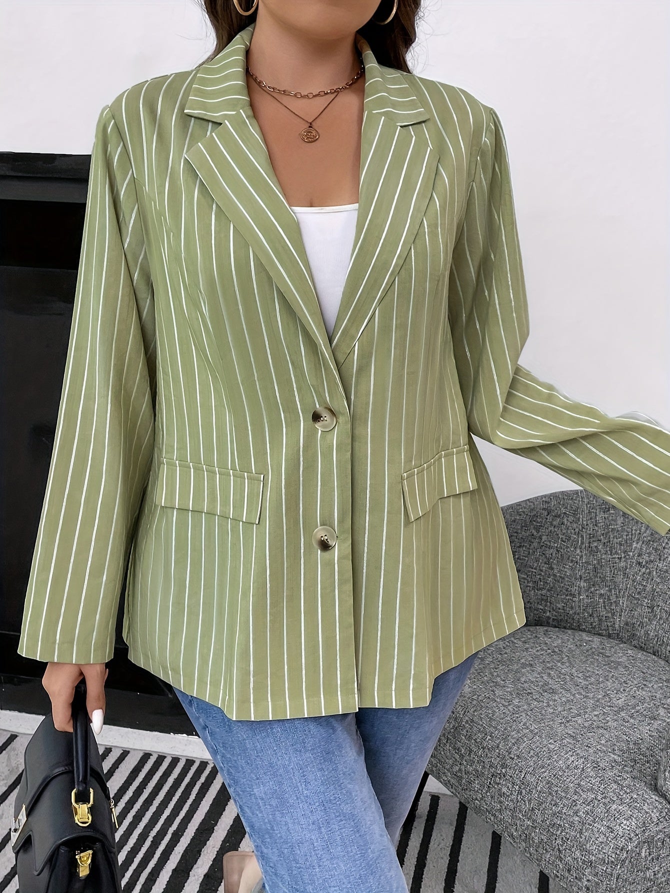  Stripe Print Long Sleeve Blazer