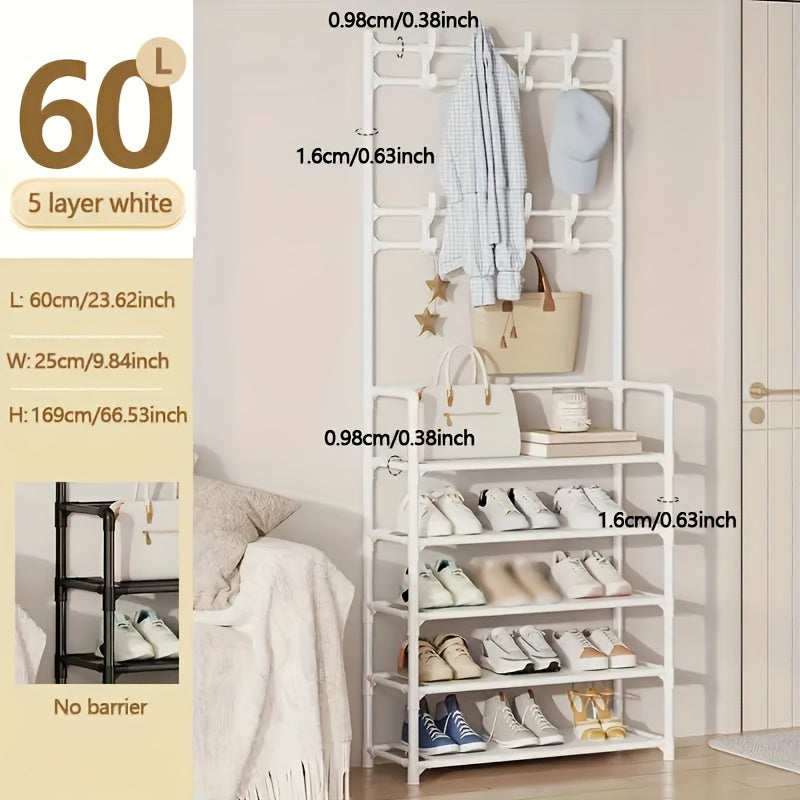 1pc Shoe Storage Rack With Clothes Shelf & Hooks - Space Saving