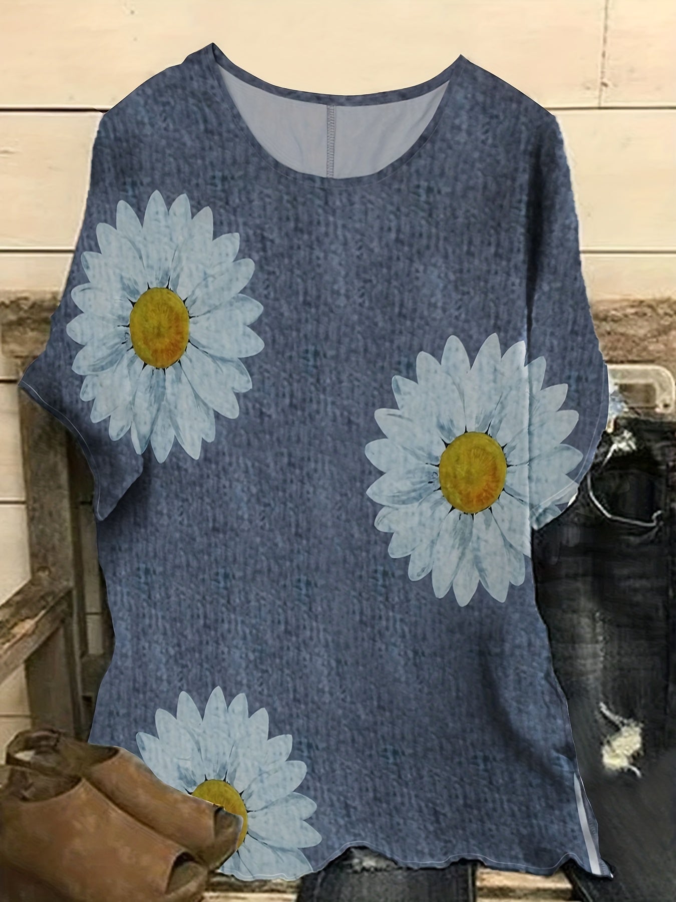  Daisy Print Drop Shoulder Blouse