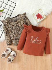 Baby Girl Round Neck Small Sleeve Top 2pcs Leopard Letter Print
