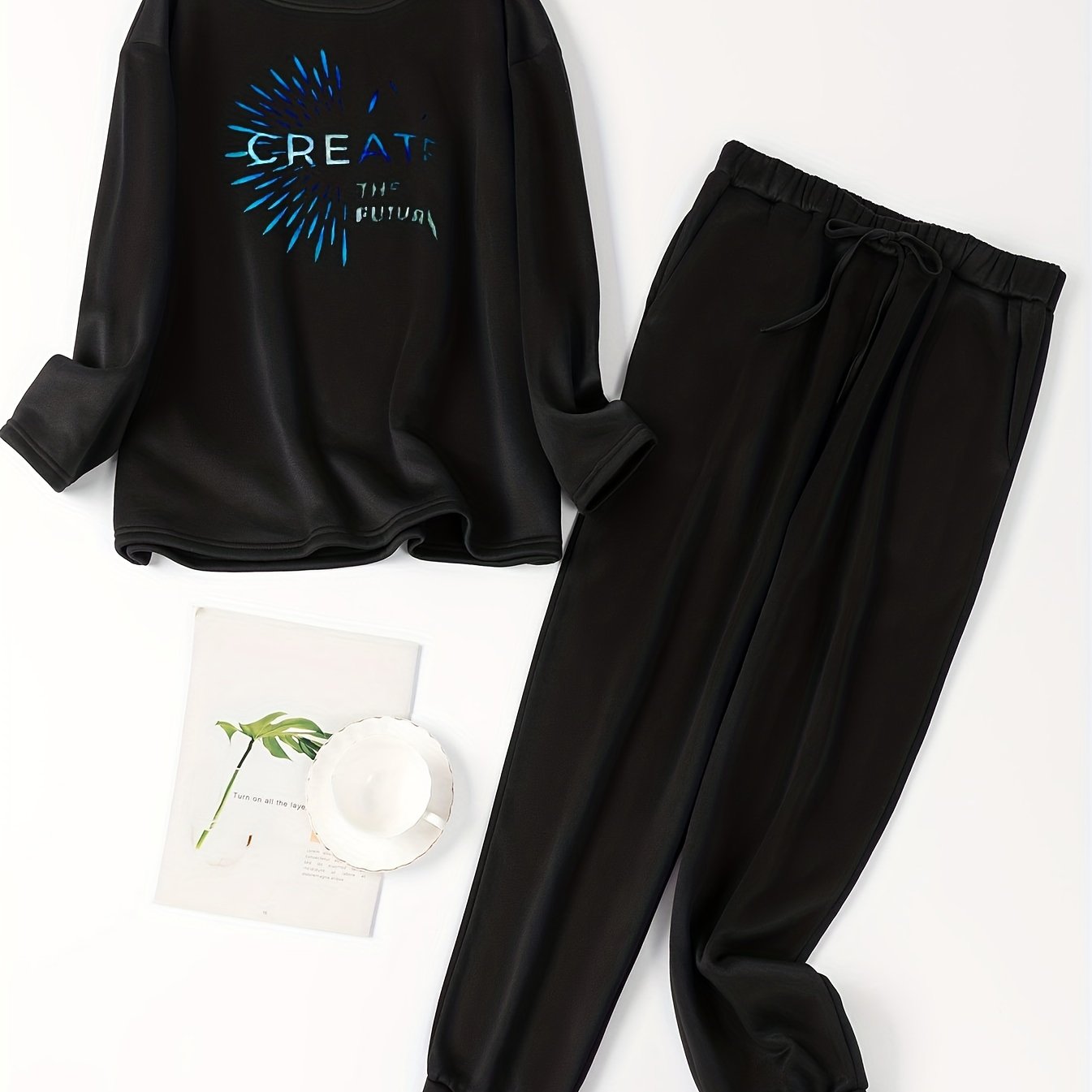  Firework & Letter Print Lounge Set - Crew Neck Top & Tie Pants Pajamas