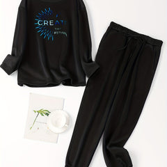  Firework & Letter Print Lounge Set - Crew Neck Top & Tie Pants Pajamas