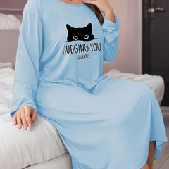  Cat & Letter Print Lounge Dress Long Sleeve Round Neck Nightdress