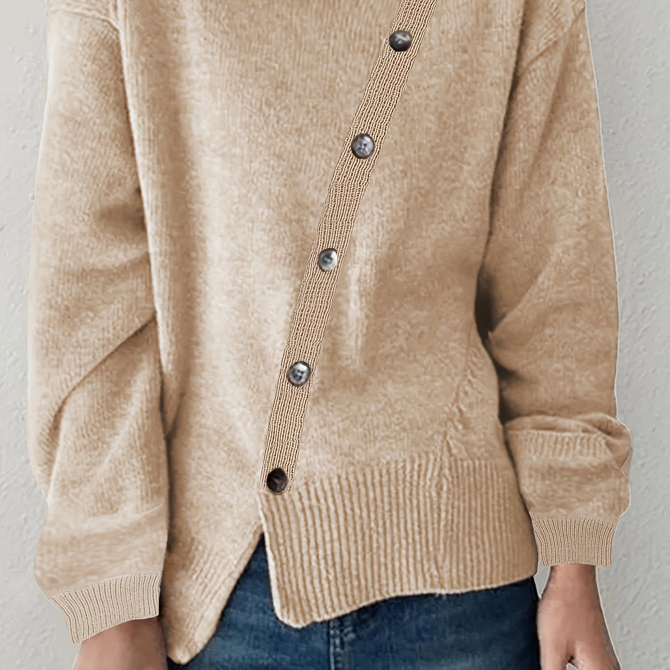  Casual Sweater Women's Plus Solid Knitted Long Sleeve Button Decor