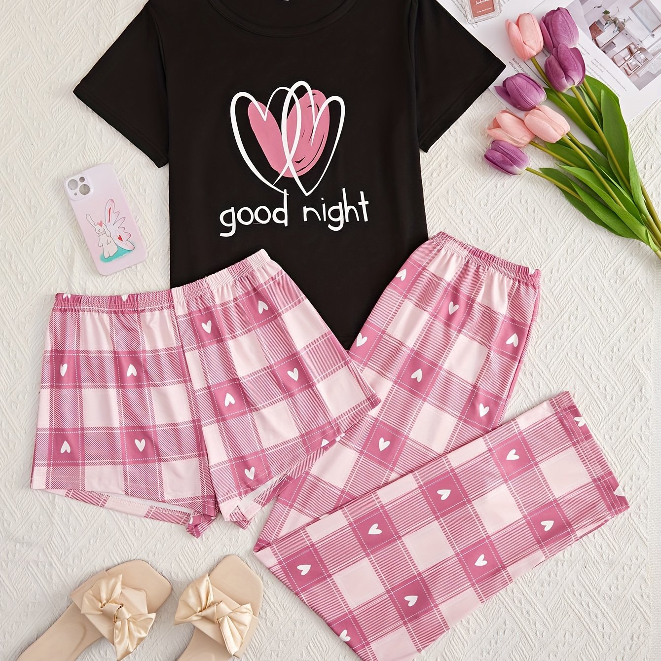 Heart Print Pajama Set Crew Neck Top & Shorts & Plaid Pants