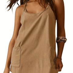  Casual Summer Dress Women's Solid Round Neck Mini Cami Dress