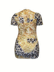 Colorblock Leopard Print V Neck Dress With Pockets