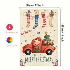 Christmas Burlap Yard Flag Xmas Stocking Candy Canes Red Truck Tree