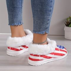 Women's Plush Lined Snow Boots Star Print & Striped Low Top Canvas Shoes