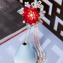 Hanfu Hairpin Faux Pearl Flower Leaf Tassel Chignon Vintage Chinese Style Cheong