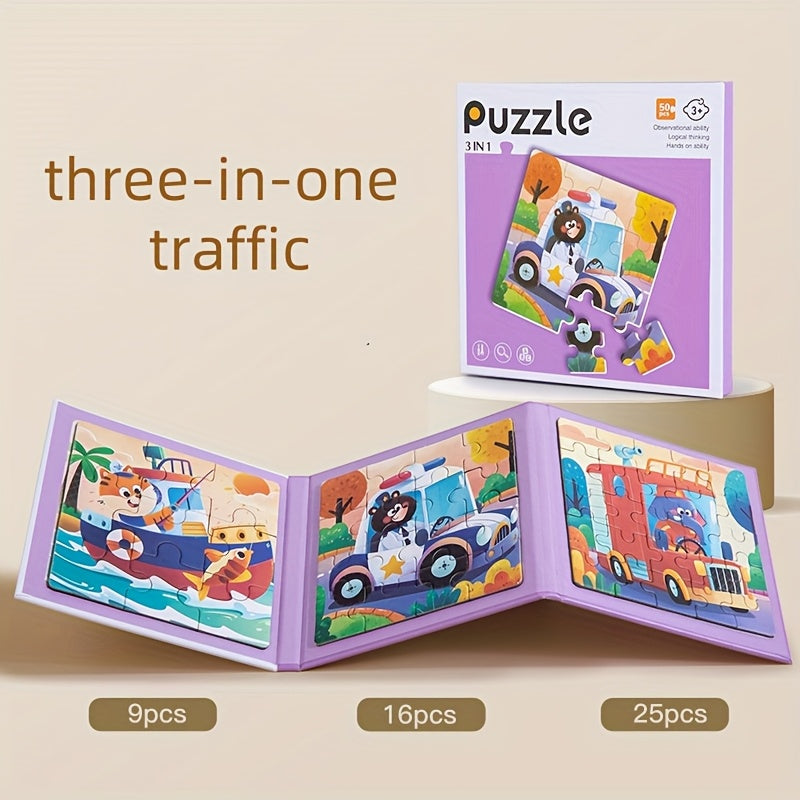 Advanced 3-in-1 Puzzle Book: Ocean Animals, Transportation, Dinosaurs