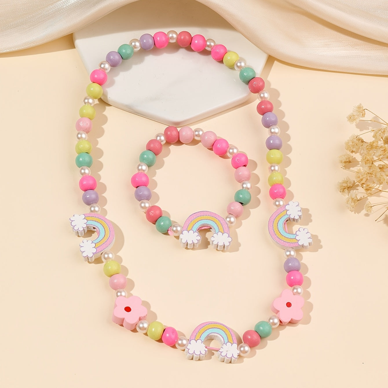 Cartoon Butterfly Flower Rainbow Beaded Necklace Bracelet Set for Girls