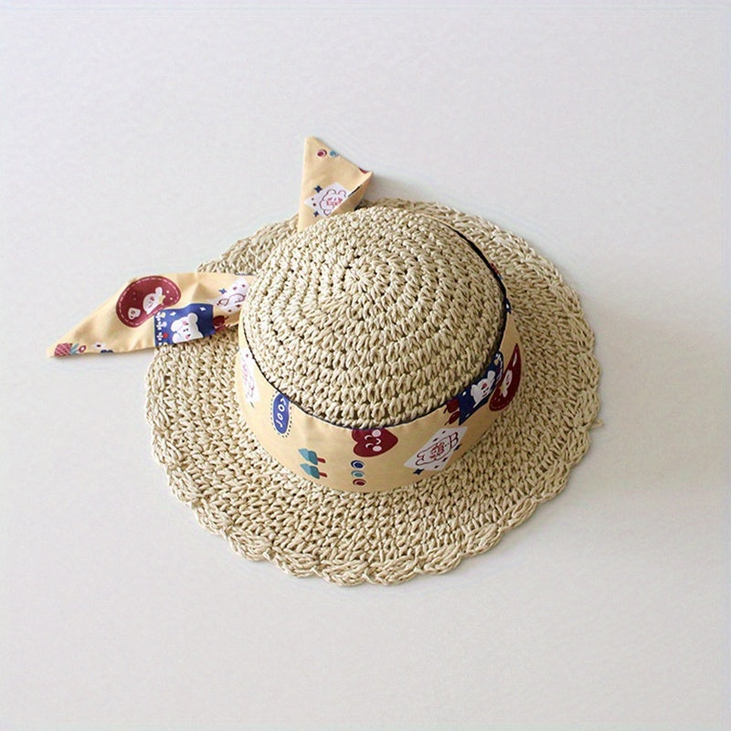 Kids Lace Ribbon Straw Hat for Girls Summer Vacation Beach Sun Hat