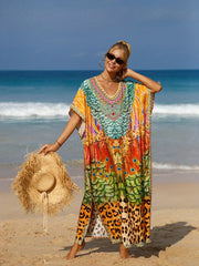  Animal Print V Neck Maxi Cover Up
