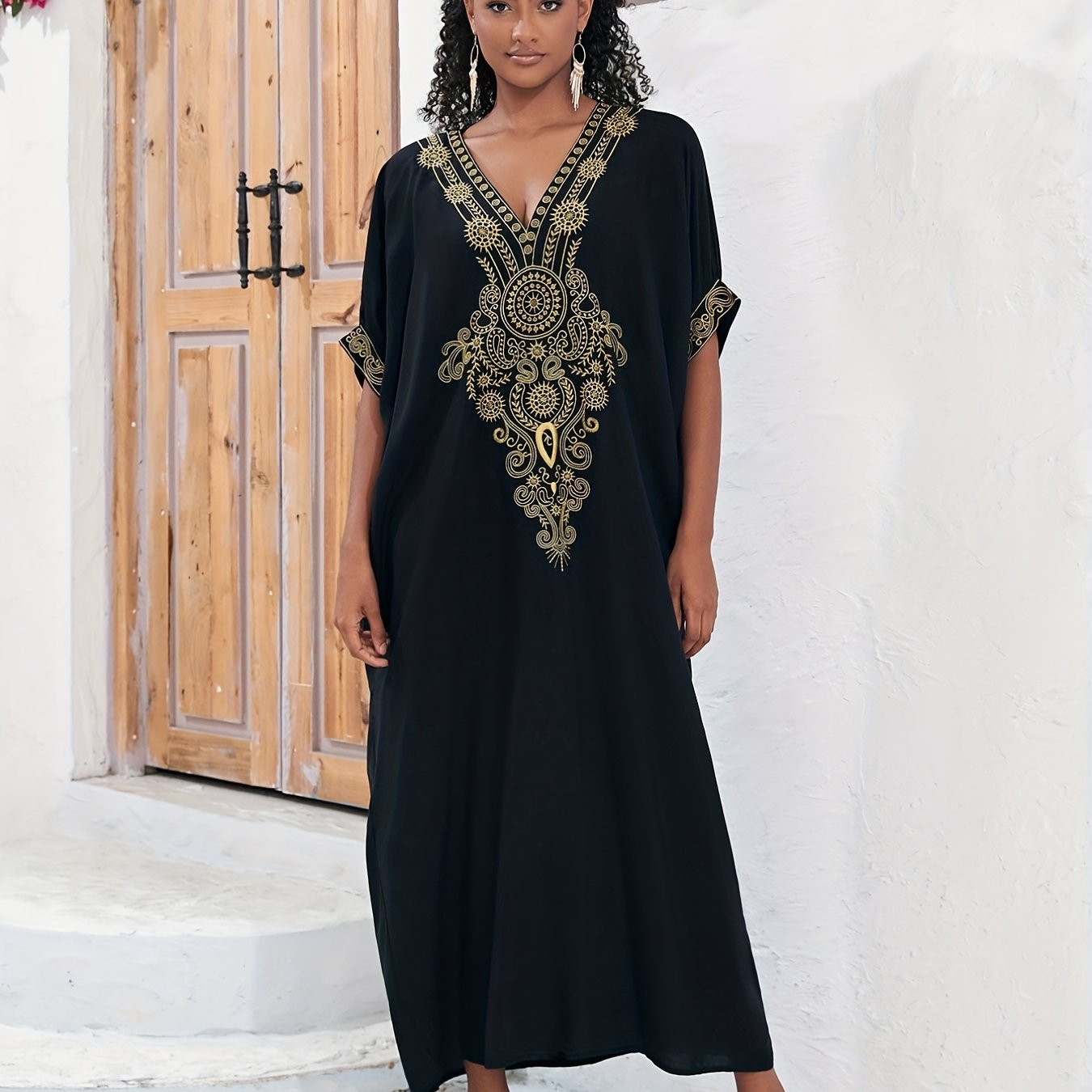  Boho Abaya Maxi Dress Women's Plus Batwing Sleeve V Neck Geometric