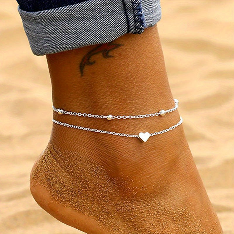 Heart Shape Pendant Anklet Double Layers Ankle Bracelet For Women