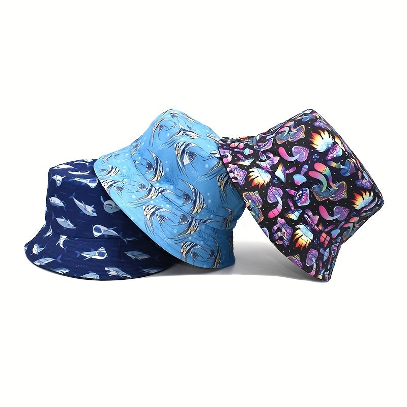 Cartoon Pattern Print Bucket Hat Lightweight Mushroom Whale Sun Hat