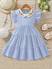 Girls' Butterfly Sleeve Stripe Dress Casual Fit Youth Girl Dresses