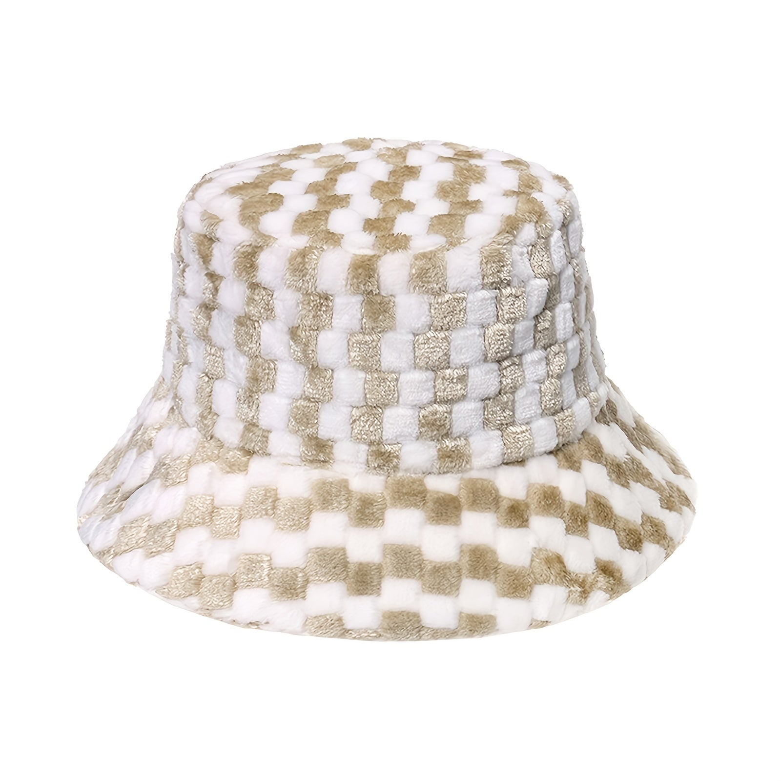 Women's Plaid Faux Fur Bucket Hat Warm Fisherman Hat for Cold Weather