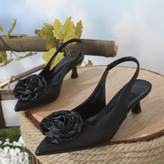 Women's Satin Rose Kitten Heels Pointed Toe Slingback Low Heels