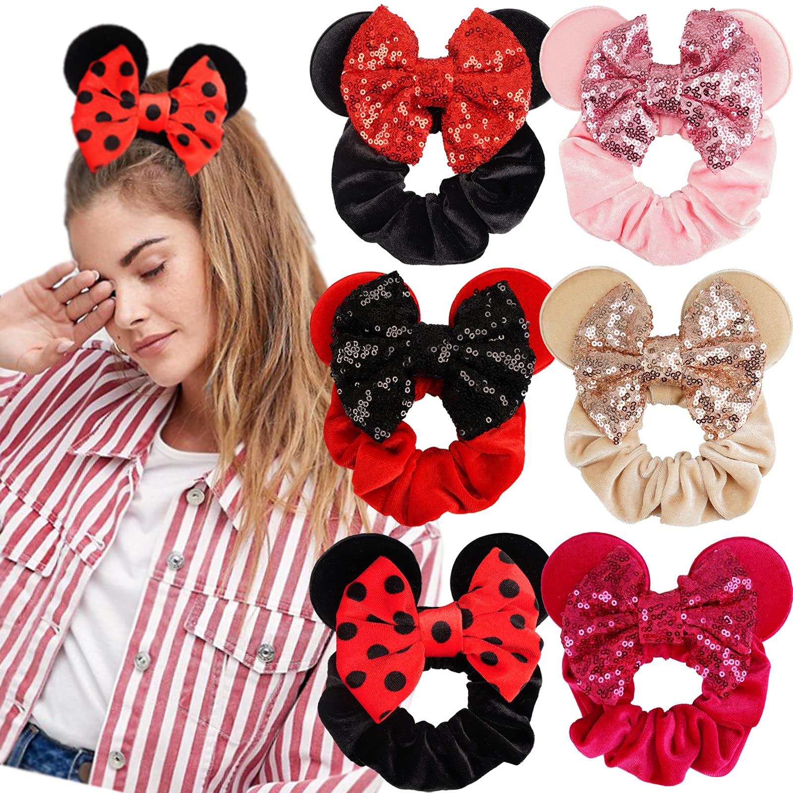 6pcs Mouse Ears Velvet Sparkle Sequin Bows Hair Scrunchies