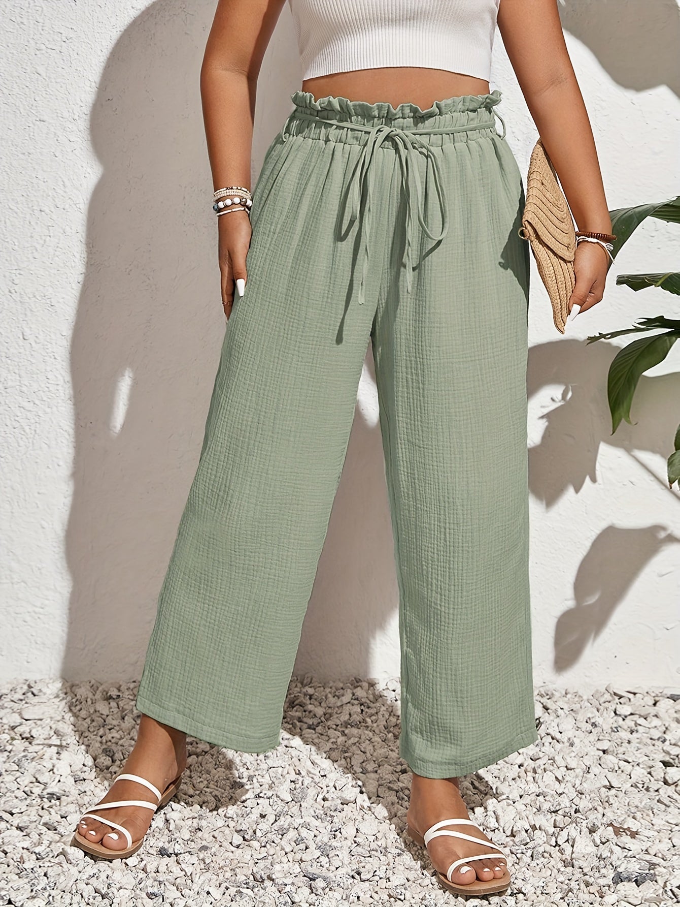 Wide Leg Trousers Elastic High Rise Casual Pants