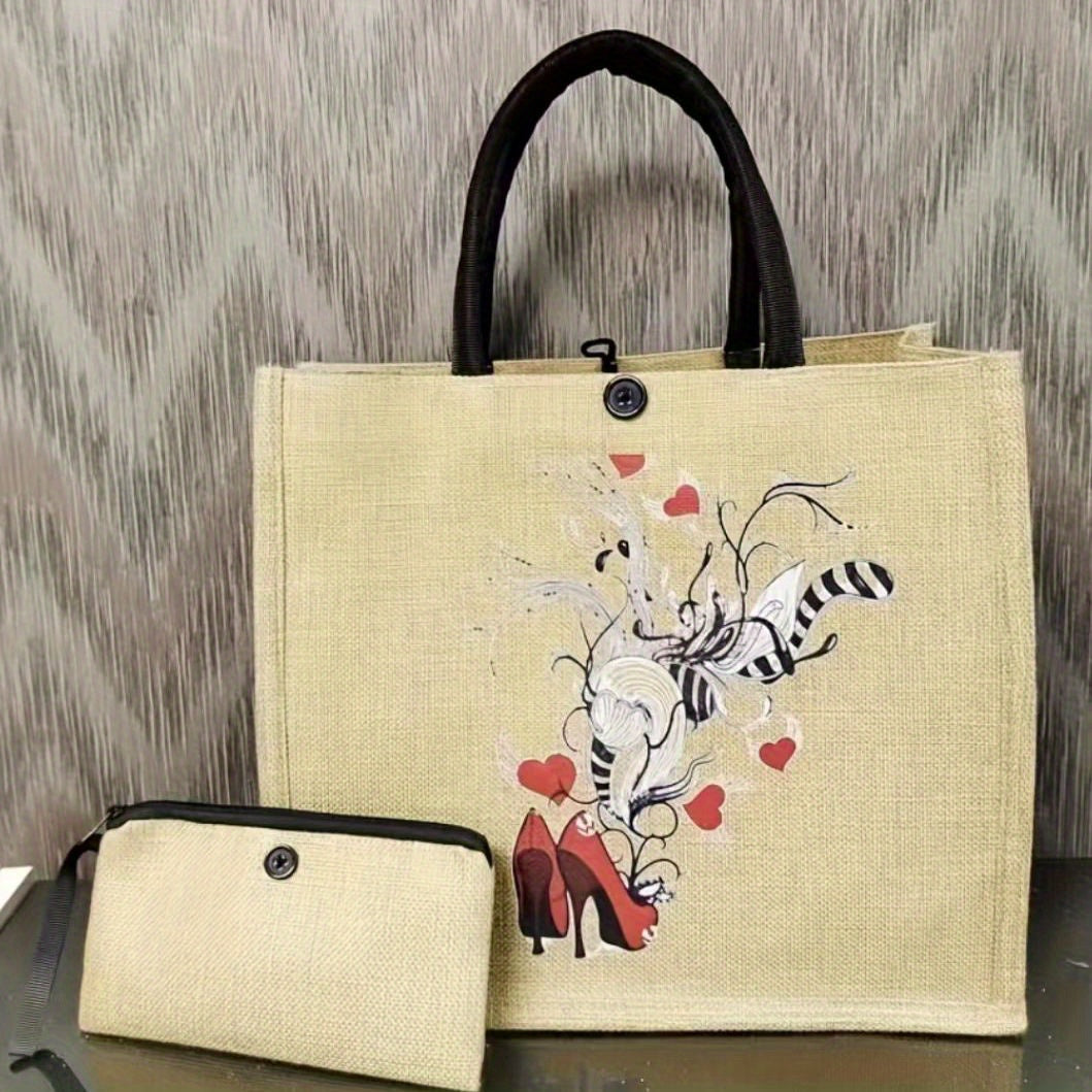 2pcs High Heels Pattern Canvas Tote Bag with Wristlet