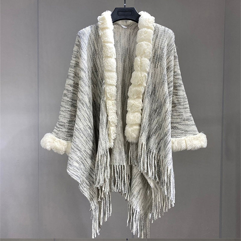 Fur Collar Cardigan Solid Warm Tassel Shawl Wrap Windproof Striped Shawl Cape