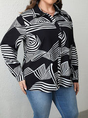  Abstract Stripe Print Button Up Blouse